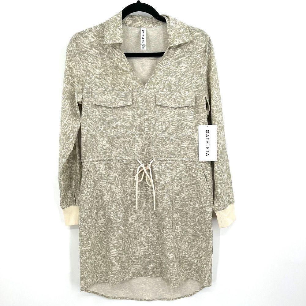 NWT ATHLETA Zuma Printed Shirt Dress Cream Gray Lightweight Waist Tie Size XS - Picture 3 of 9